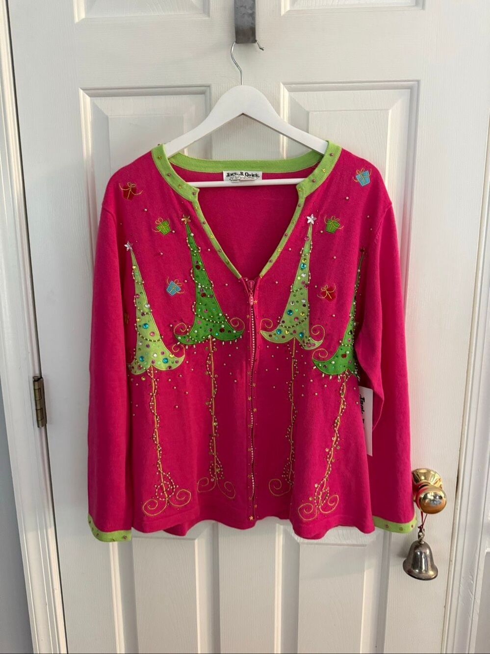 Jack B. Quick Hot Pink Whimsical Christmas Zip Up Cardigan Sweater sz 1XL NWT